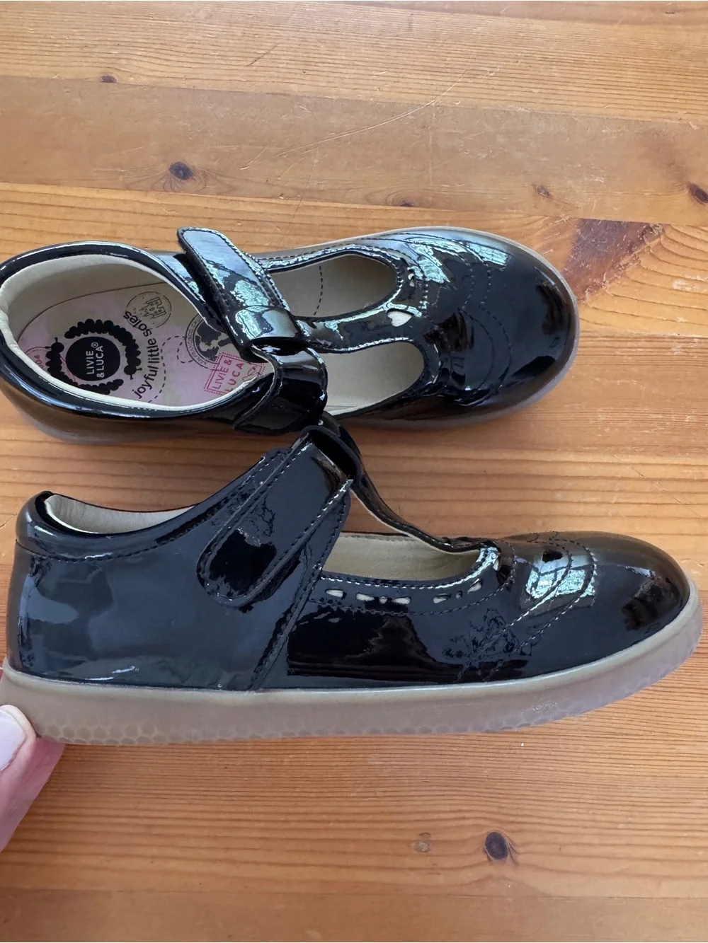 Livie & Luca Black Patent T-Strap Mary Janes with Heart Accent